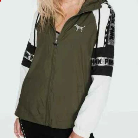 Victoria's Secret Pink Bling Campus Hoodie Anorak Jacket Olive Green XS S - Picture 4 of 6